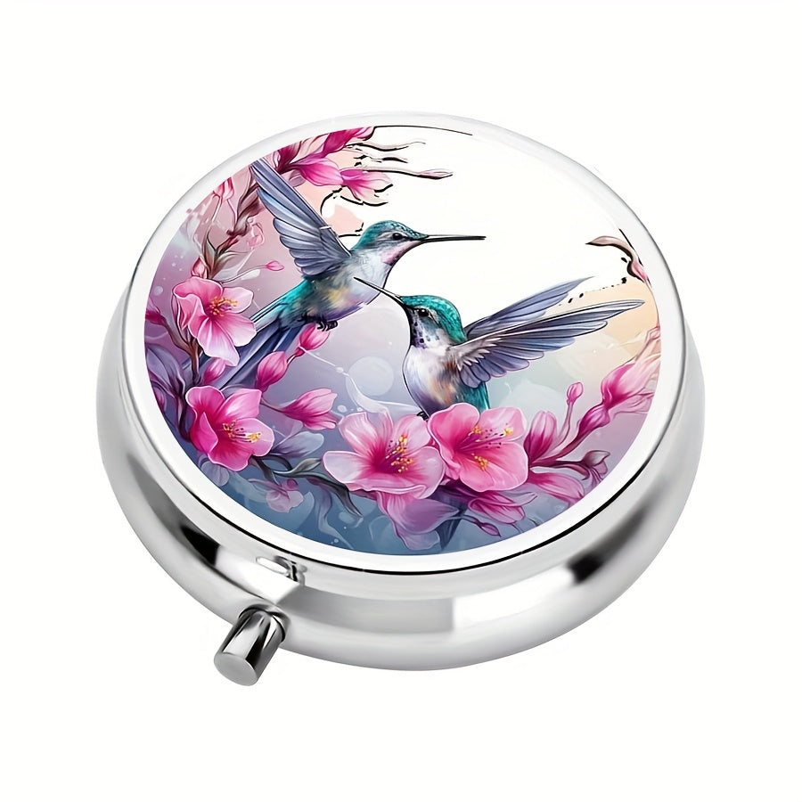 Women's Hummingbird Round Pill Box 3 Compartments Travel Organizer Portable