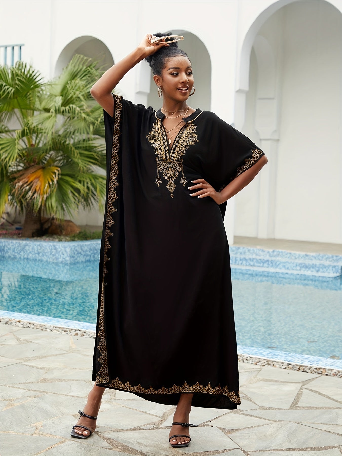 Women's Plus Size Boho Kaftan Dress Gold Embroidered Bat Sleeve Maxi Cover Up