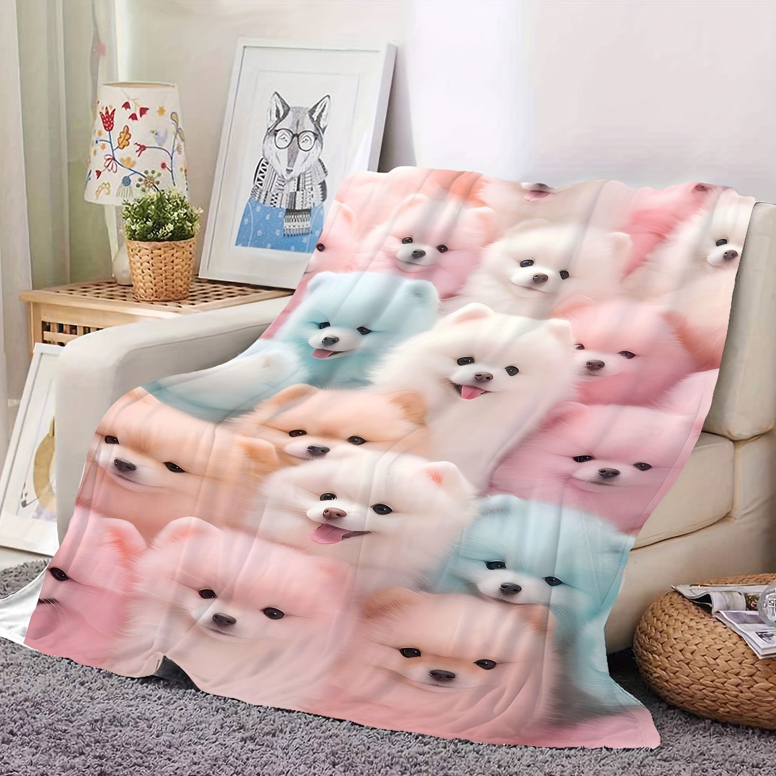 All-Season Flannel Throw Blanket with Pomeranian Dog Pattern Soft Warm Versatile for Sofa Bed Car Office Travel