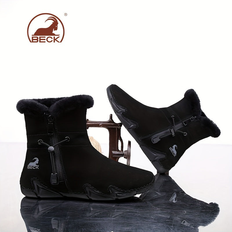 Women's Leather Winter Snow Boots with Fluffy Side Zipper and Warm Lining