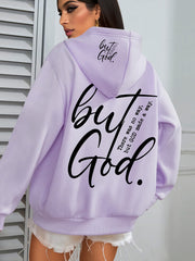 Plus o'lcham Plus God Print Hoodie uzun sleeve kundalik drawstring pocket ayollar