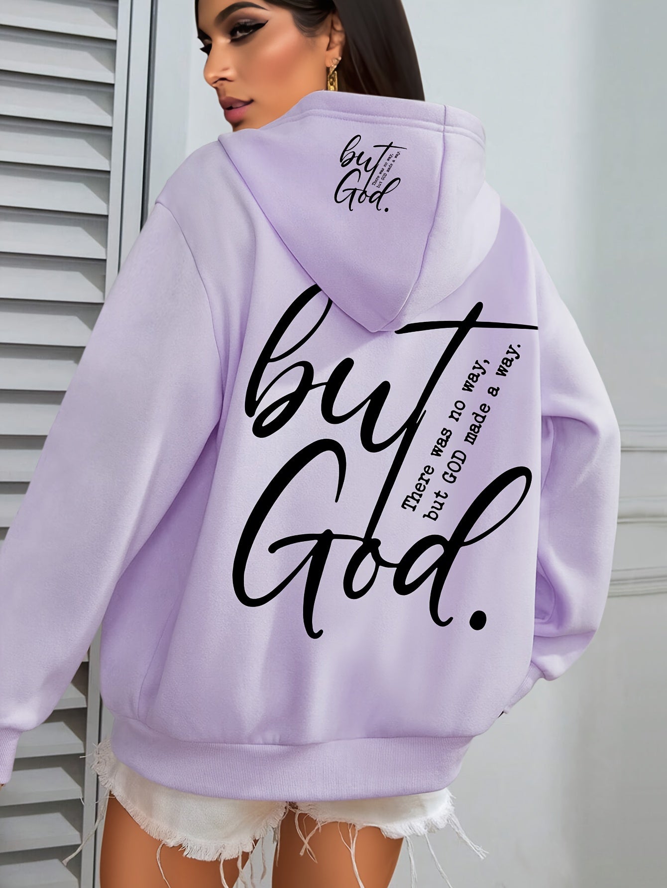 Plus o'lcham Plus God Print Hoodie uzun sleeve kundalik drawstring pocket ayollar