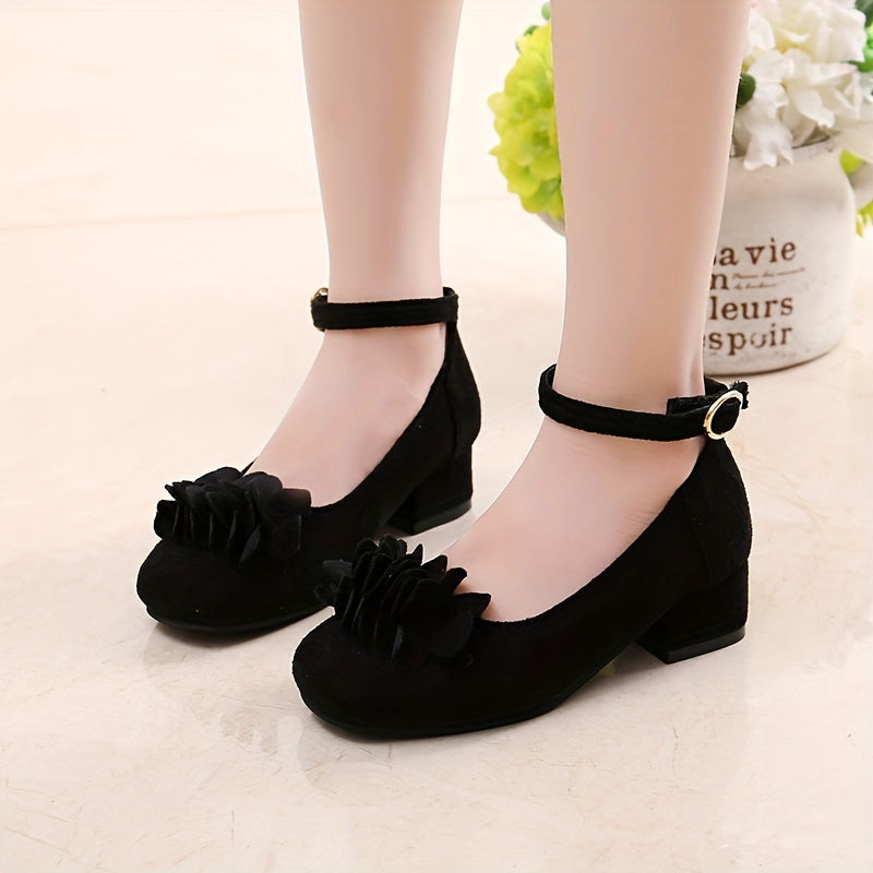 Girls Princess Heels with Flowers Tassel Block Heel PU Upper Rubber Sole for Spring Fall Age 14 and Under