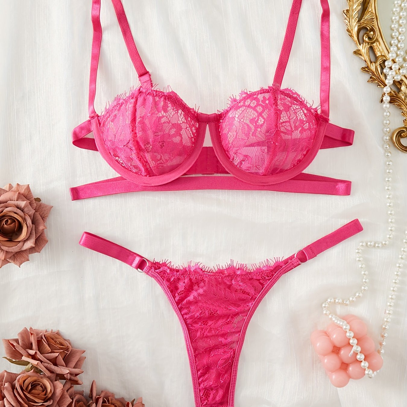 Conjunto de lencería de encaje para mujer con sujetador sin espalda y tanga con tirantes finos