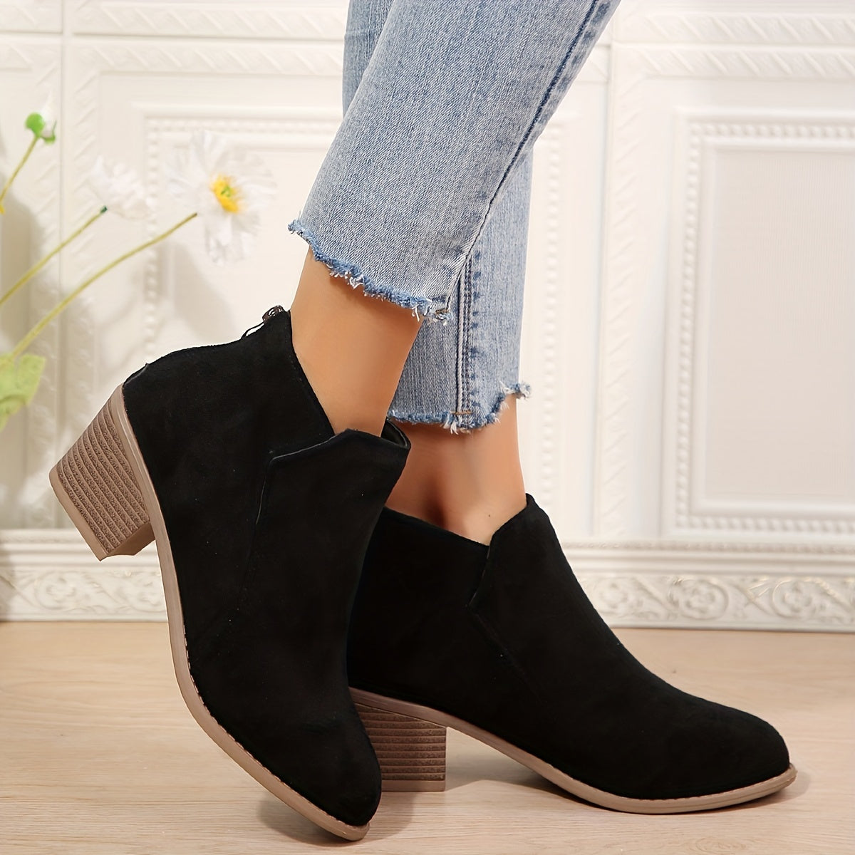 Women's Suedette Ankle Boots with Chunky Heel and Pointed Toe