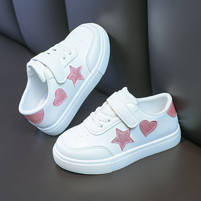 Girls' All-Season Heart and Star Pattern Sports Sneakers Low Top Lace-Up Shoes for Outdoor Activities
