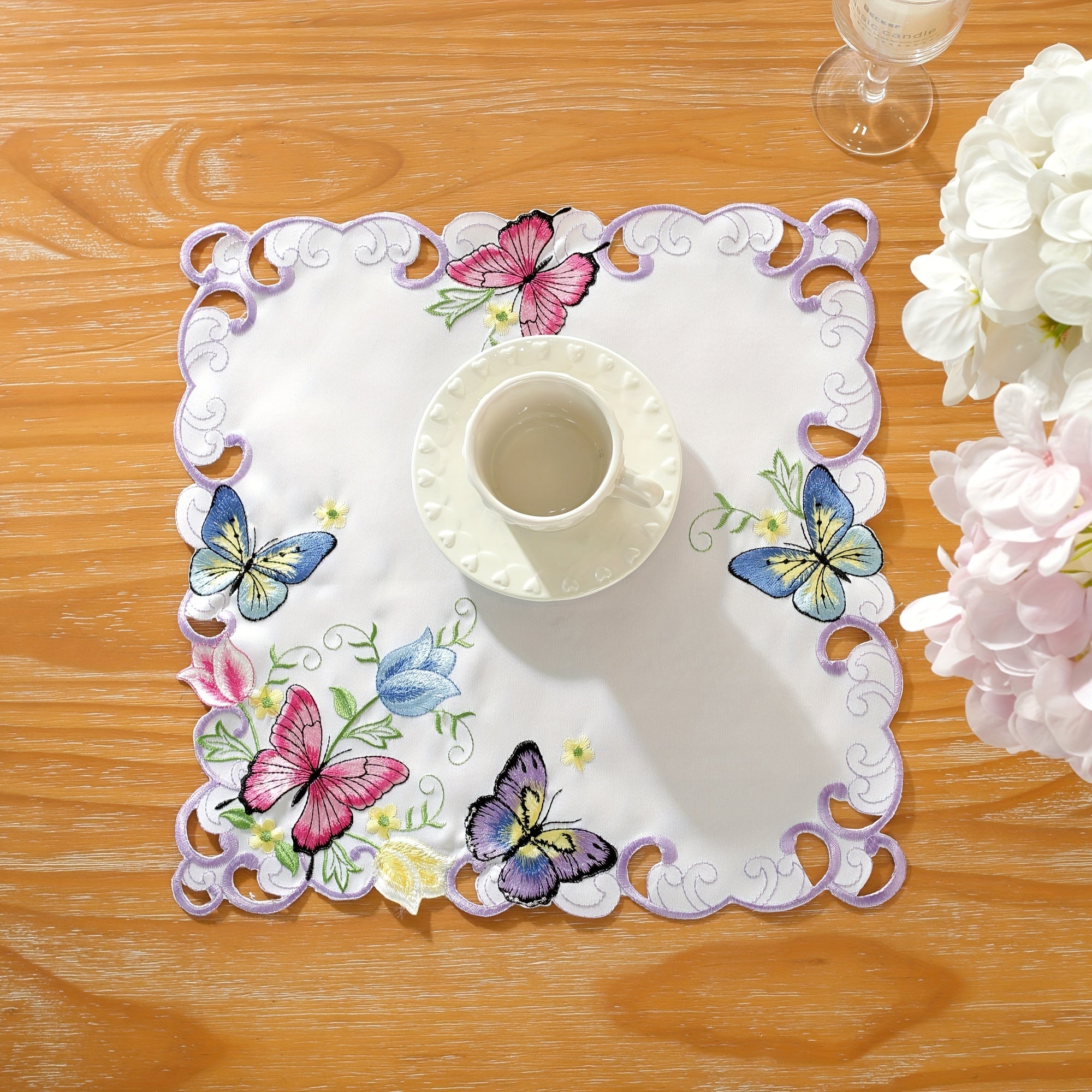 Polyester Table Runner with Butterfly and Flower Embroidery for Home Party Decor