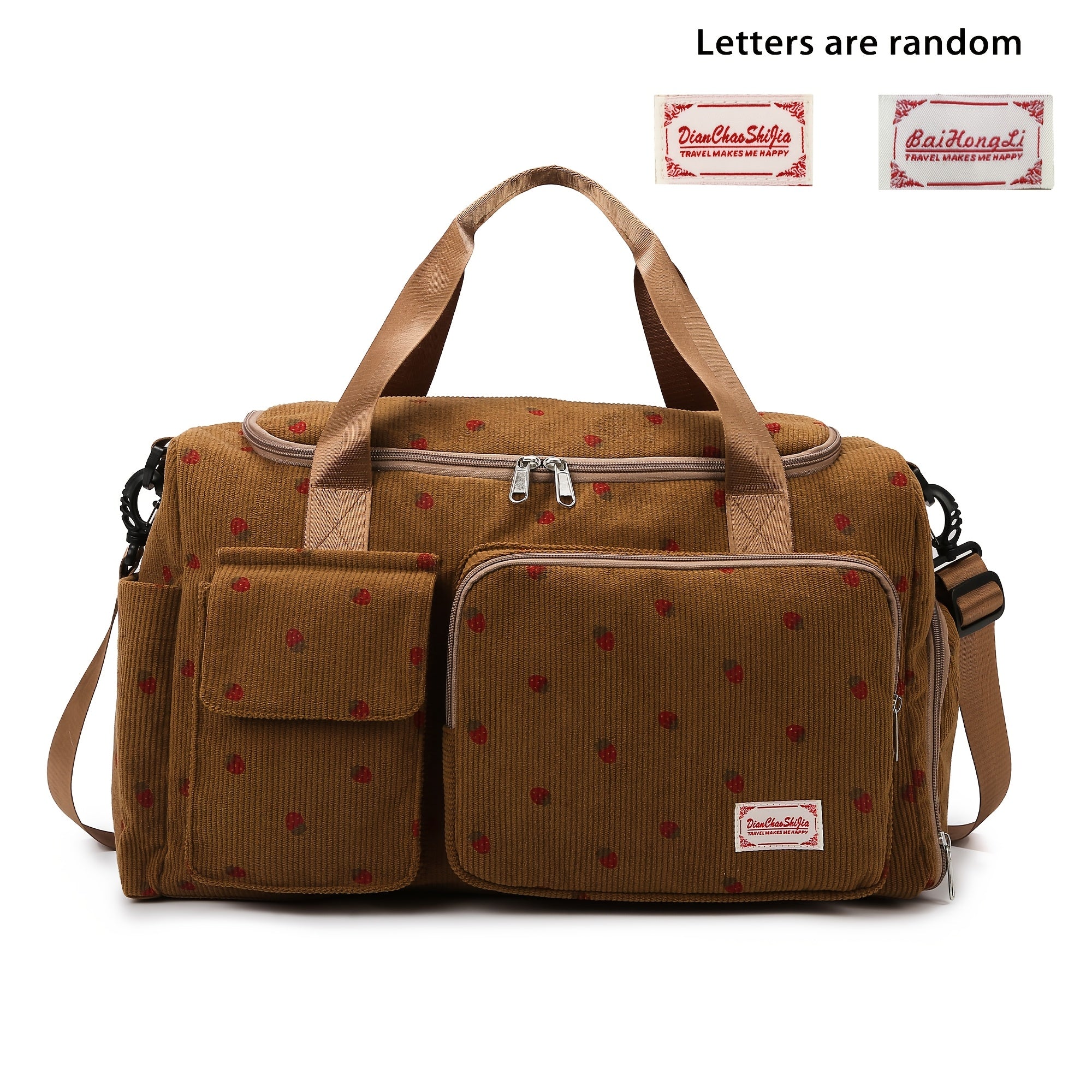 Corduroy Travel Bag with Strawberry Print Wet and Dry Separation Shoe Compartment for Vacation Gym and School