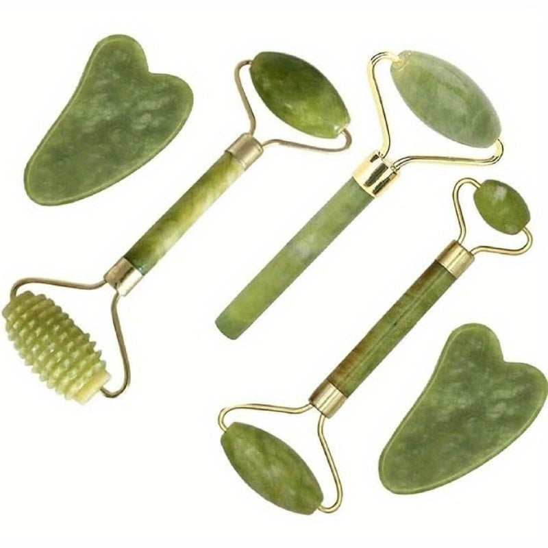 4-in-1 Natural Jade Roller and Gua Sha Set Facial Massager with Eye and Vertebral-Shaped Rollers for Warm and Ice Therapy