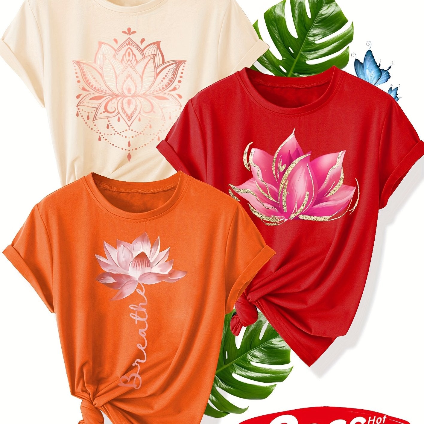 Conjunto de camisetas con estampado floral para mujer, pack de 3, poliéster transpirable, verano casual