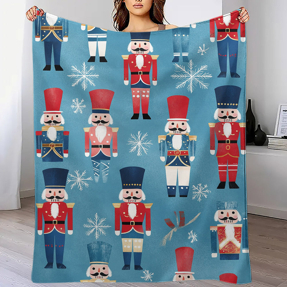 Cozy Flannel Throw Blanket with Cartoon Nutcracker Pattern for All Seasons Quilted Polyester Warmth