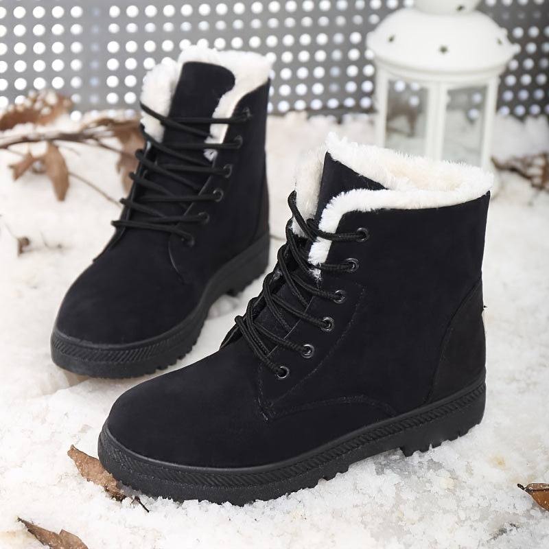 Women Winter Ankle Boots Black Slip-Resistant Flat Lace-Up Footwear