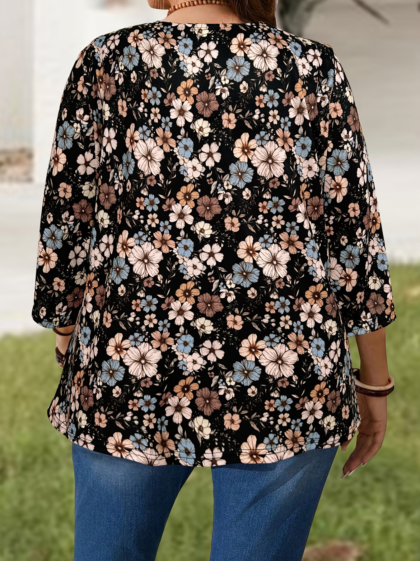 Plus Size Women's Floral Print Open Front Cardigan Lightweight Spring Summer Casual Sweater