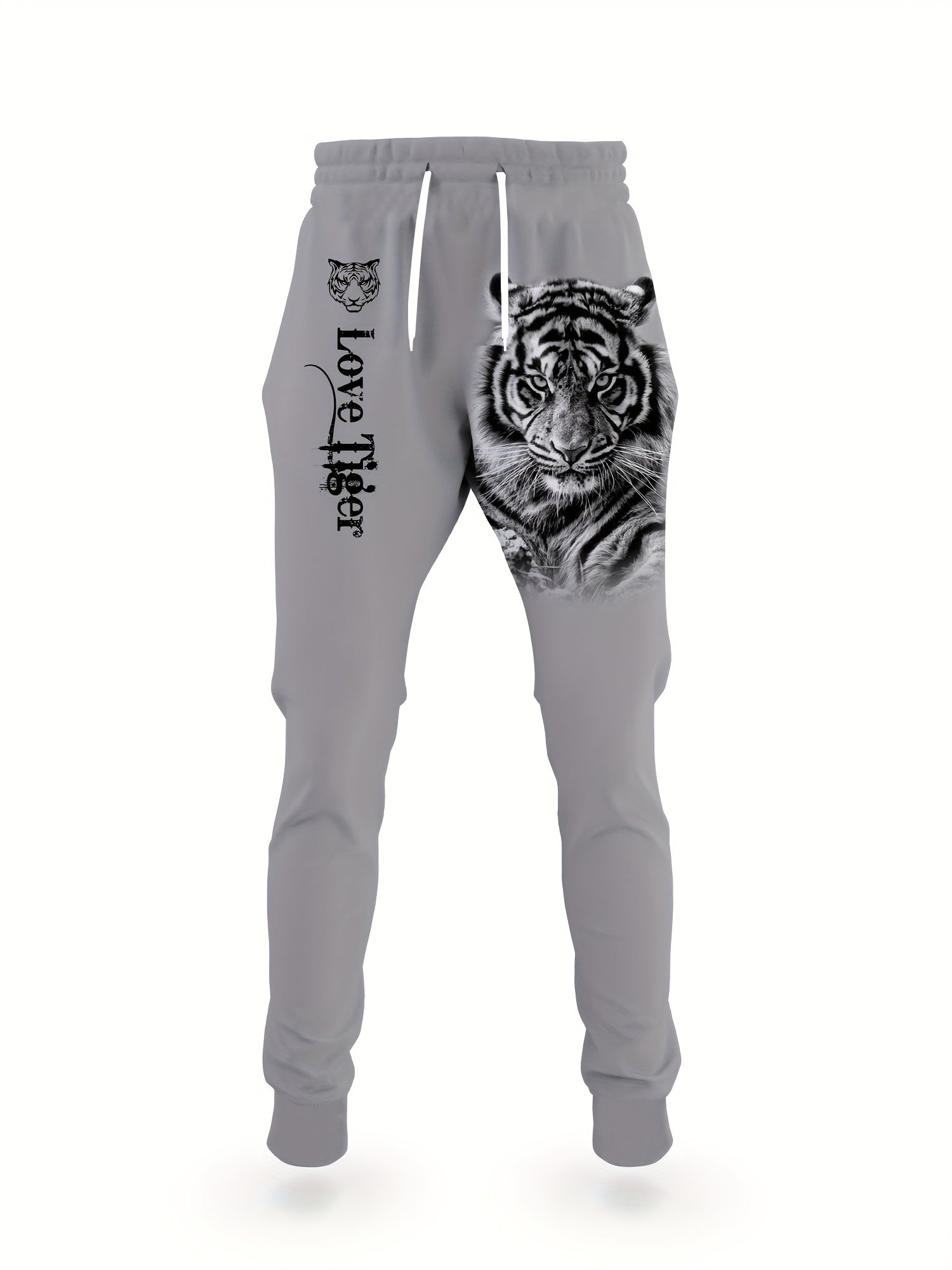 Men's Casual Polyester Hoodie and Sweatpants Set with Tiger and Lion Print
