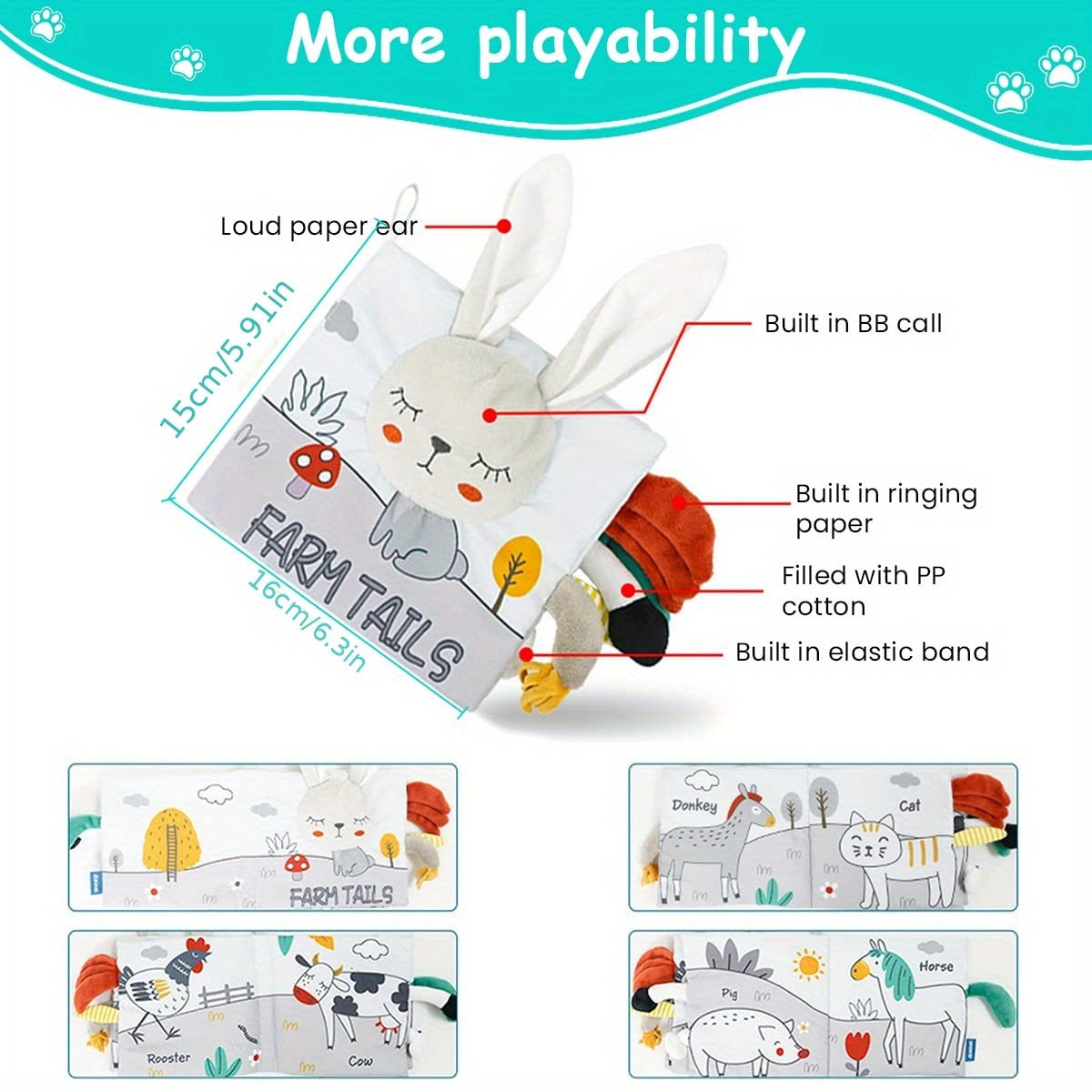 Children's Cloth Book for Early Learning Chew-Resistant Sound-Making Gray White