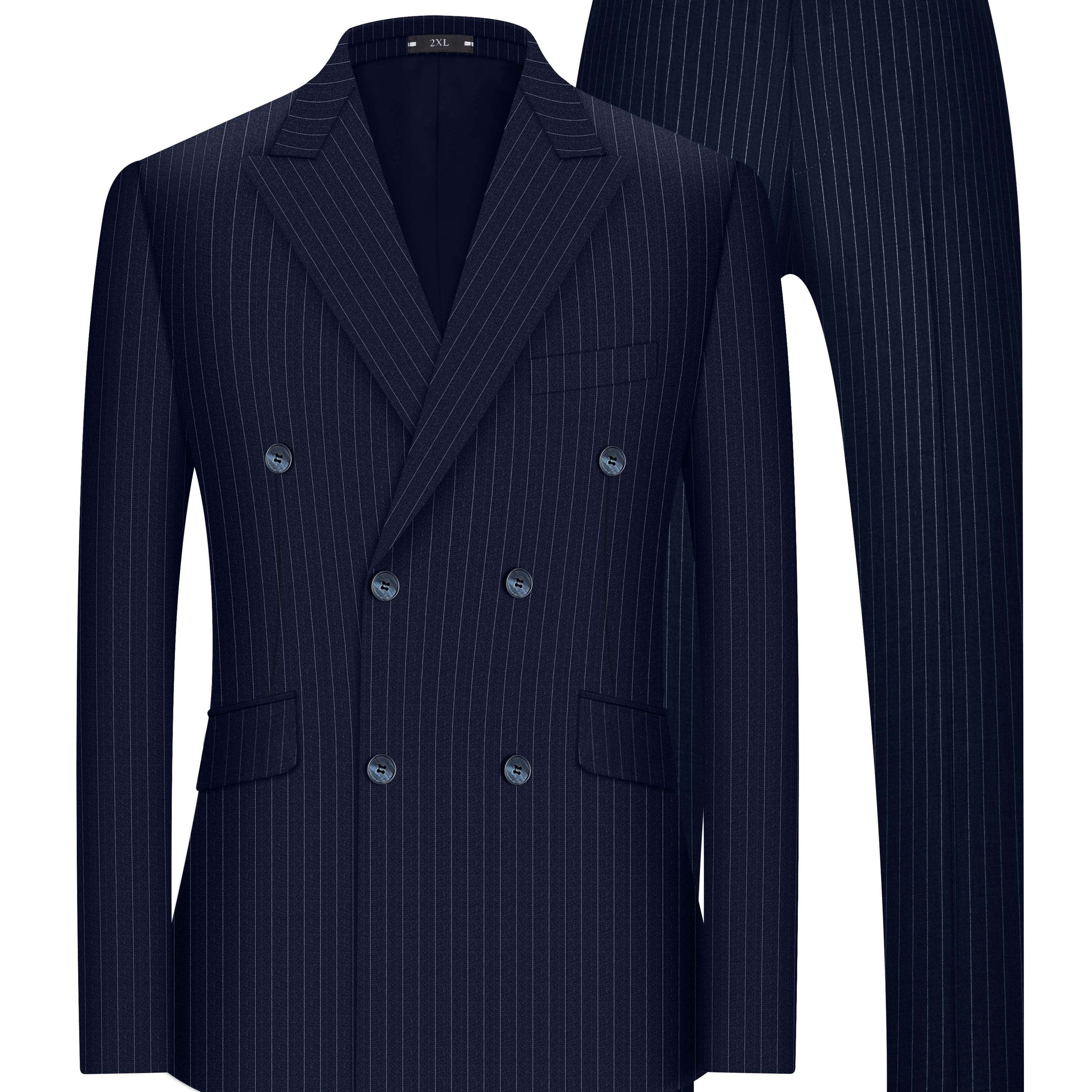 Plus Size Striped Double-Breasted Blazer and Pants Set in Gunmetal Gray for Business and Formal Wear