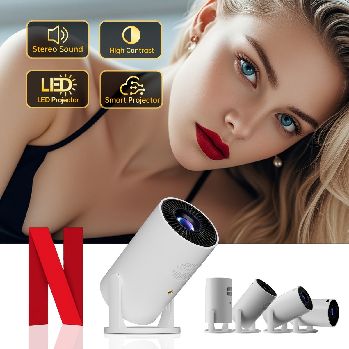 Mini Portable Projector with Wired Speakers 1080P HD Large Screen