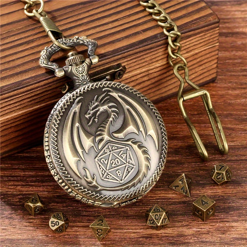 Vintage Dragon Alloy Pocket Watch with Chain and 7-Piece Dice Set for Role-Playing Games