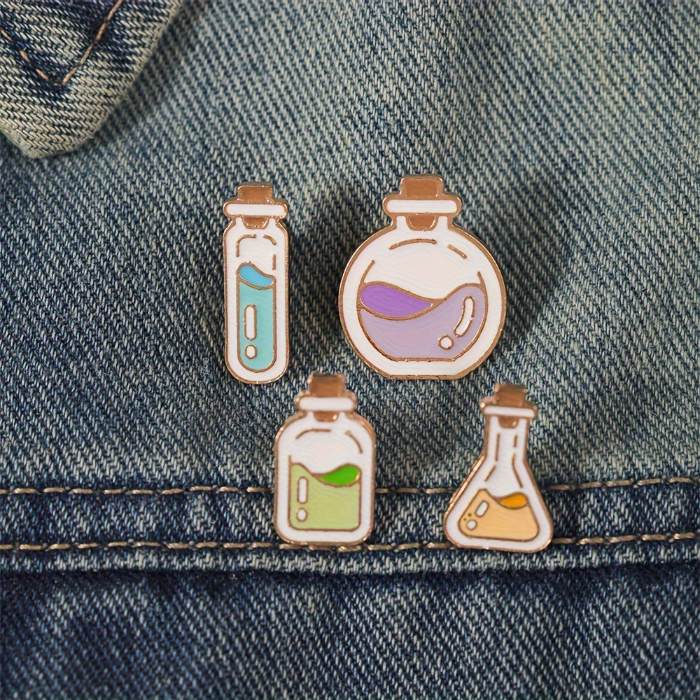 Set of 4 Cartoon Chemical Bottle Enamel Pins Alloy Brooches for Bags and Jewelry