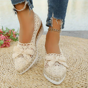 Women's Beige Floral Wedge Heeled Loafers with Rope Sole