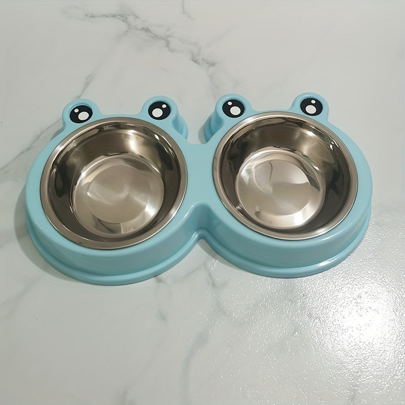Stainless Steel Double Bowl for Small Dogs and Cats with Pet Frog Design