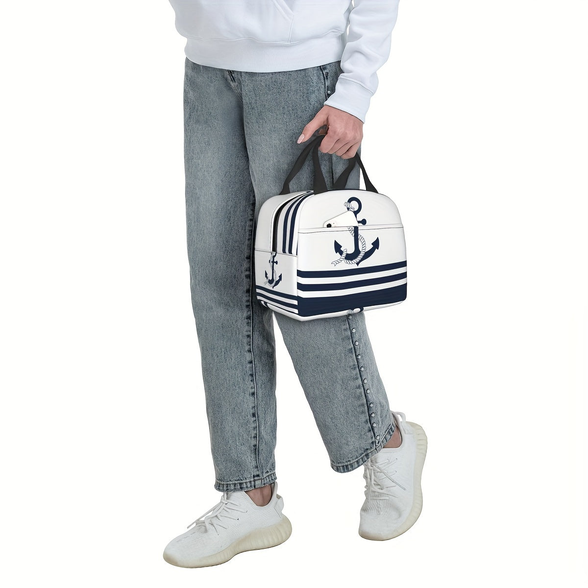 Insulated Lunch Bag Waterproof Oxford Cooler Tote Blue and White Stripes