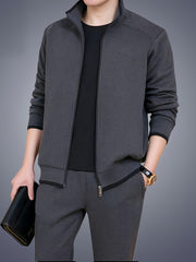 Men's Sportswear Set with Stand Collar Zip-Up Jacket and Elastic Waist Sweatpants for Spring and Fall
