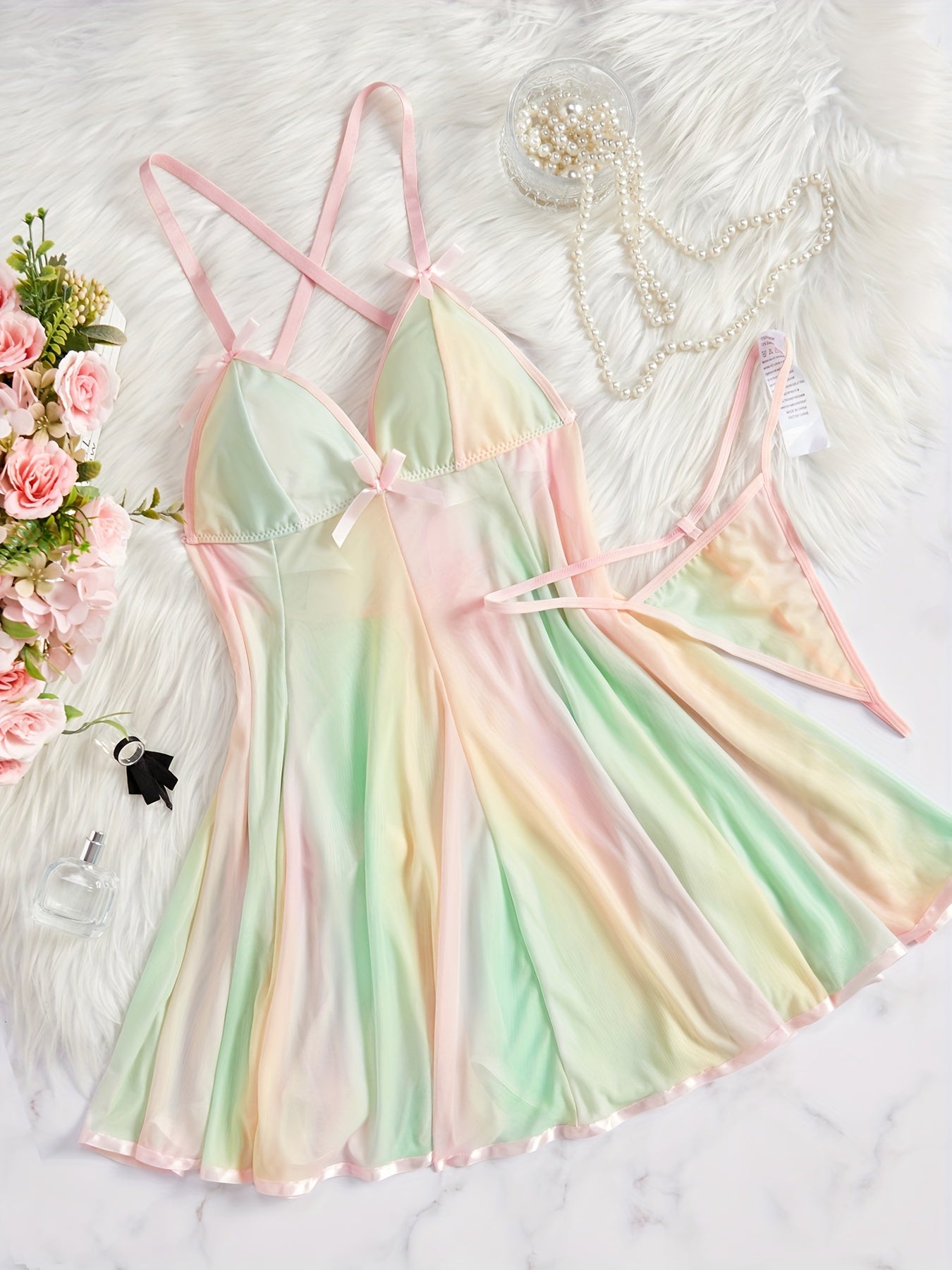 Women's Ombre Mesh Lingerie Set Slip Dress and Thong Polyester Blend Hand Wash