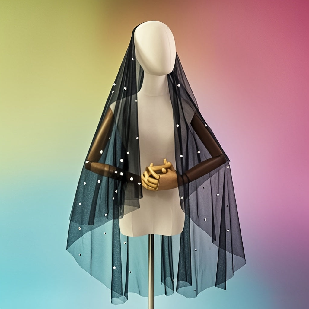 Черное свадебное вуаль с бисером и минималистичным дизайном для свадьбы