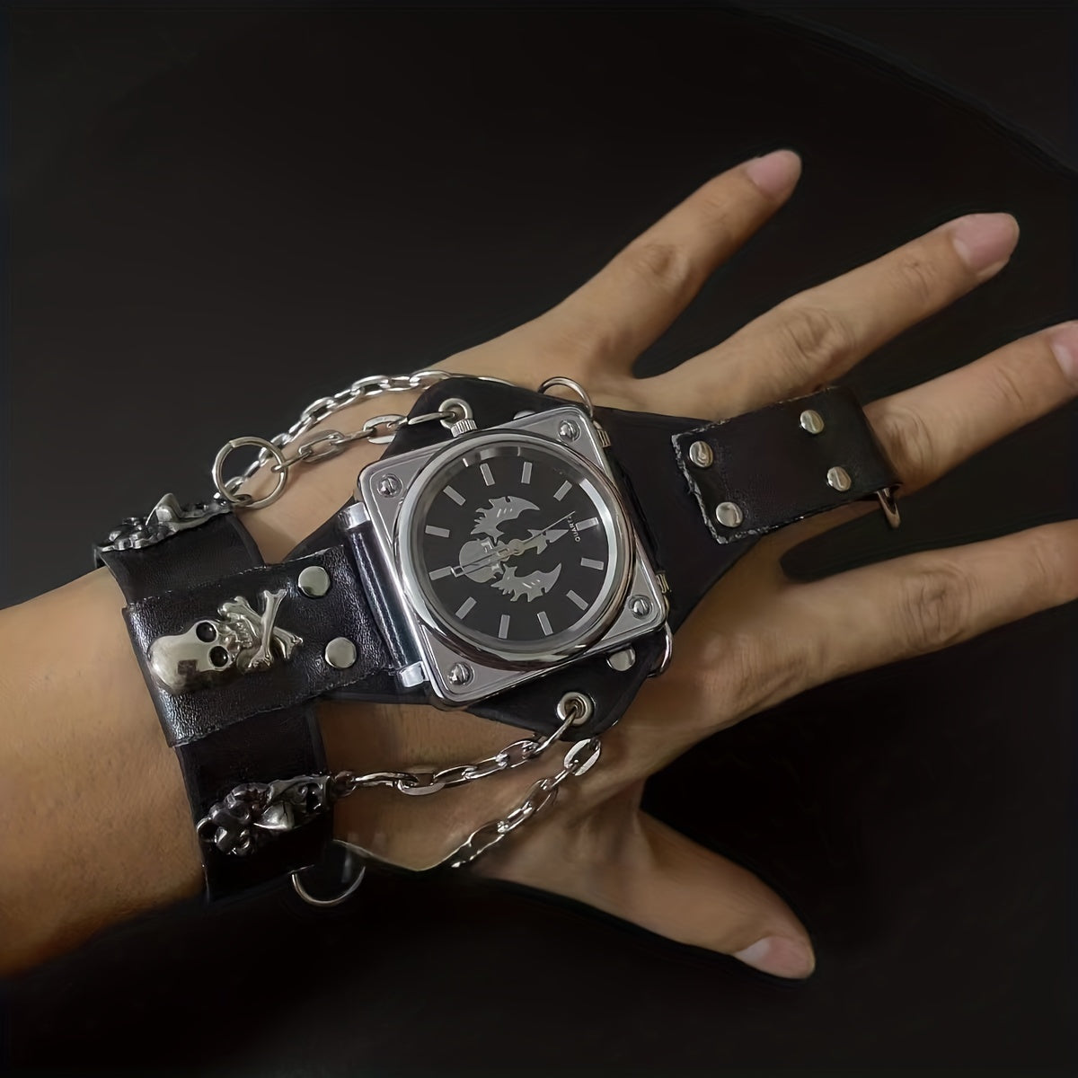Gothic Punk Anime Skull Square Quartz Watch with Leather Bracelet for Halloween