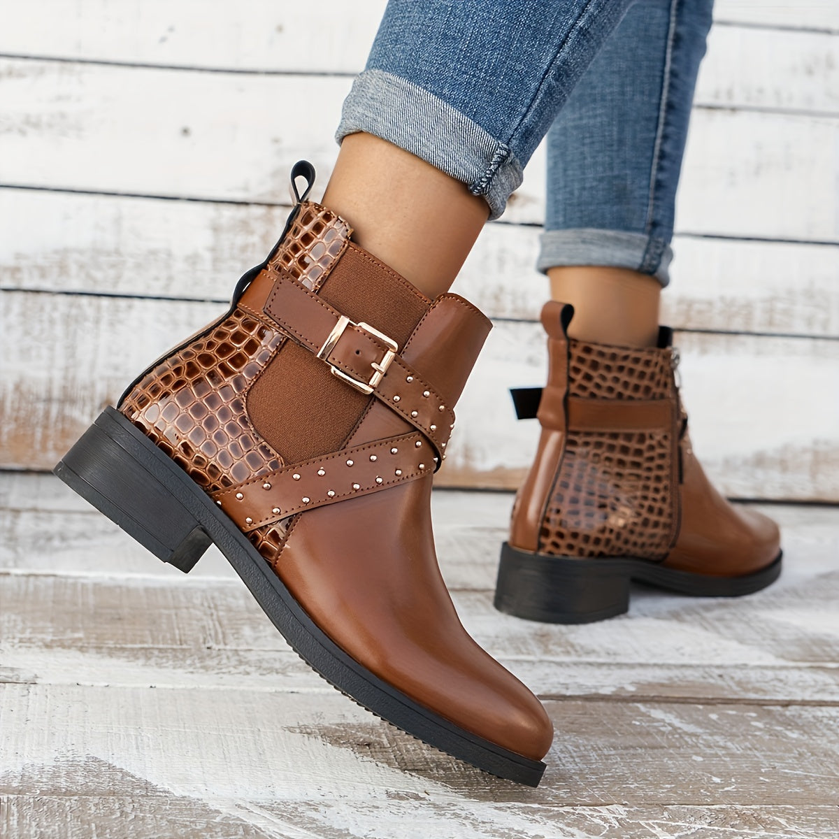 Women's Faux Leather Chelsea Ankle Boots Brown Round Toe Zipper Mid-Heel