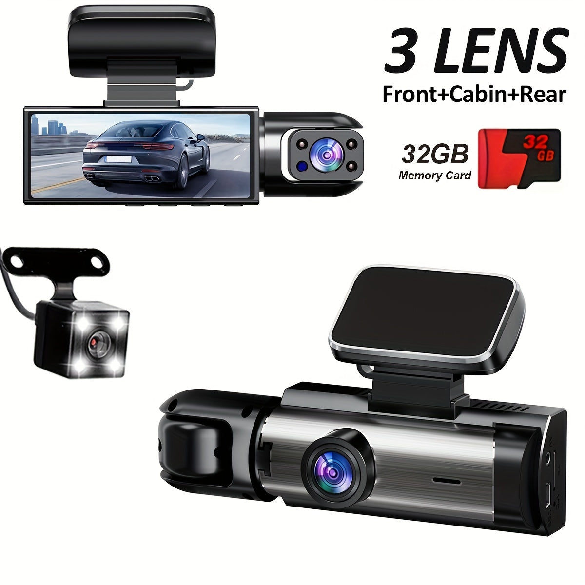 1080P Full HD 3-Channel Car Dash Cam with Front Rear Interior Cameras LED Display 32GB Memory