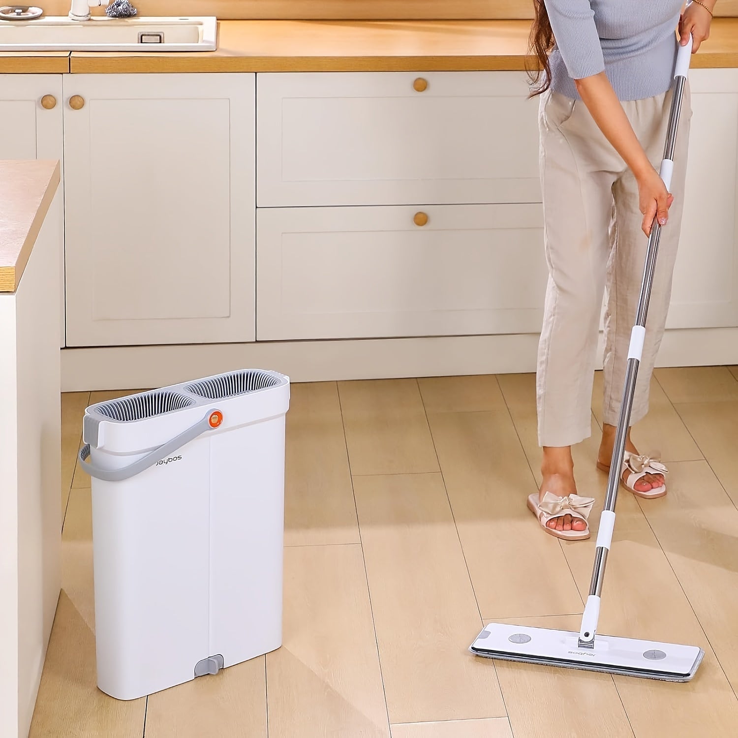 Flat Mop 4-in-1 Floor Cleaner with Squeeze Bucket, Ultra-Narrow Design
