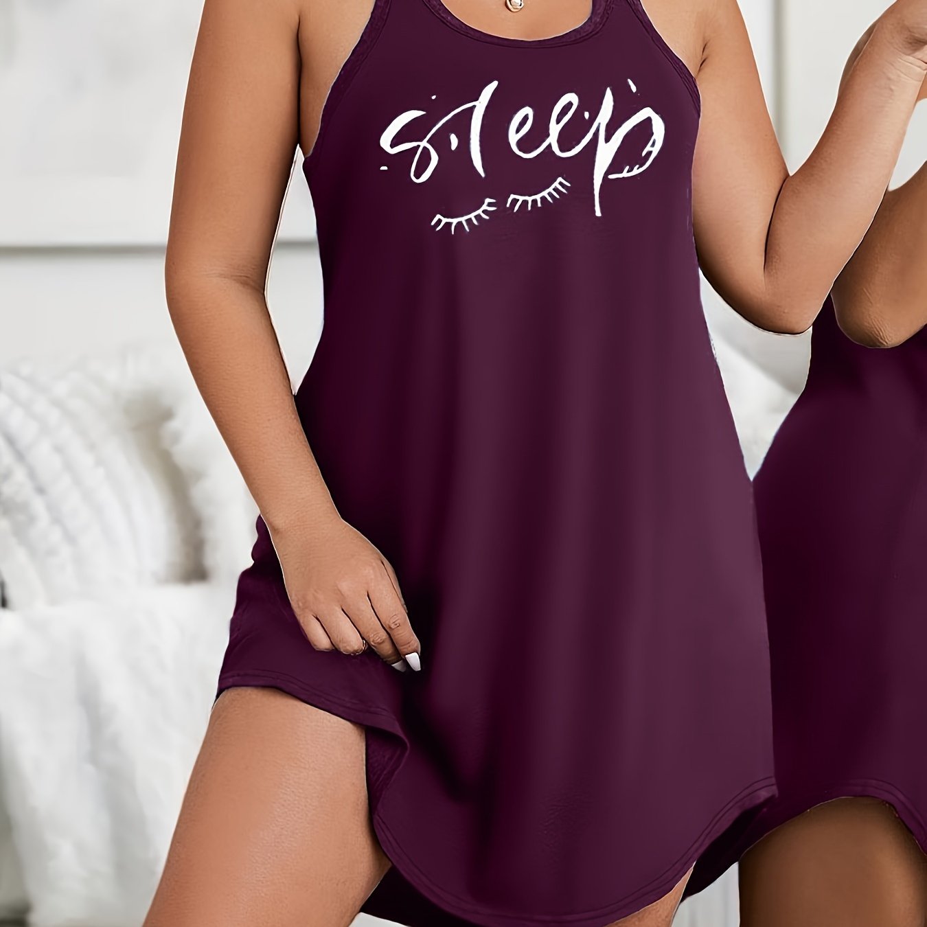Plus Size Loungewear Dress with Scoop Neck Racer Back Eyelash and Letter Print