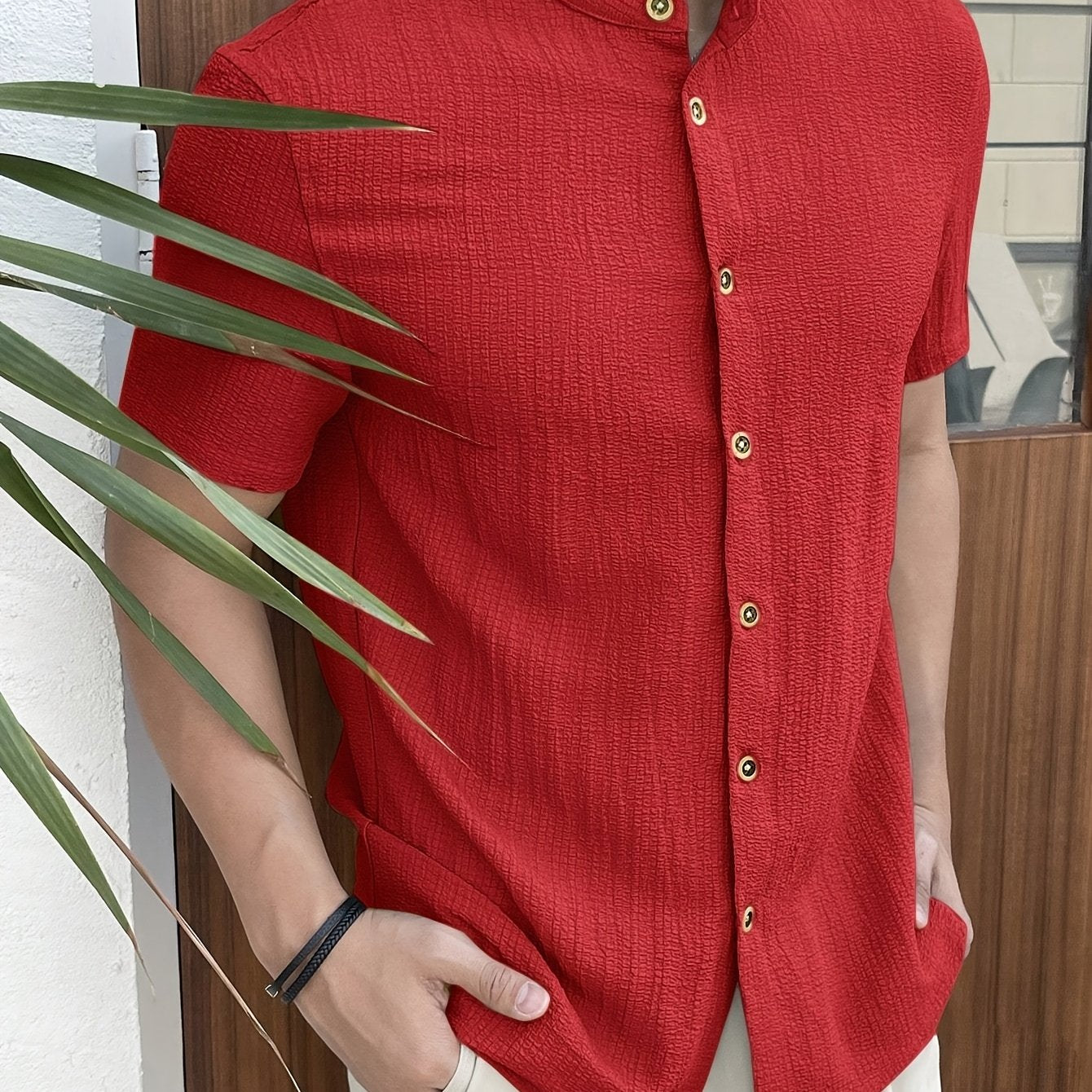 Мужская темно-синяя рубашка на пуговицах, легкий полиэстер, стойка, повседневная, весна, лето, осень