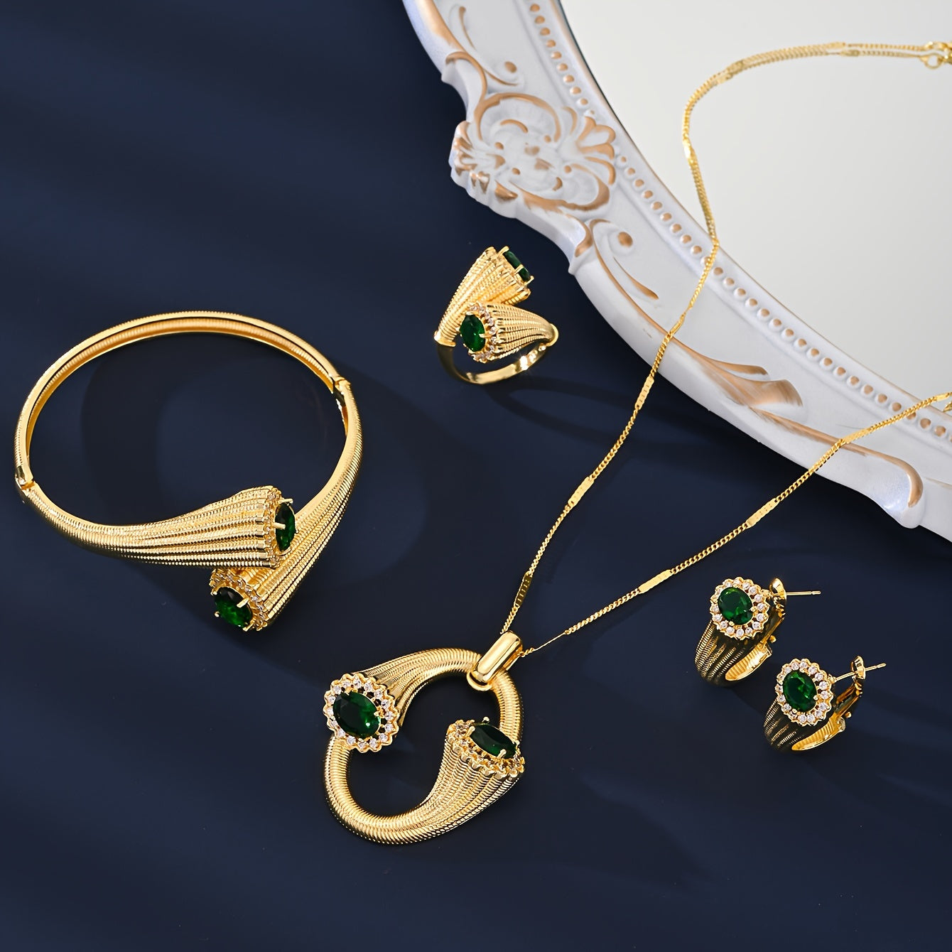 Gold-Toned Copper Jewelry Set with Zirconia Accents Necklace Earrings Bangles