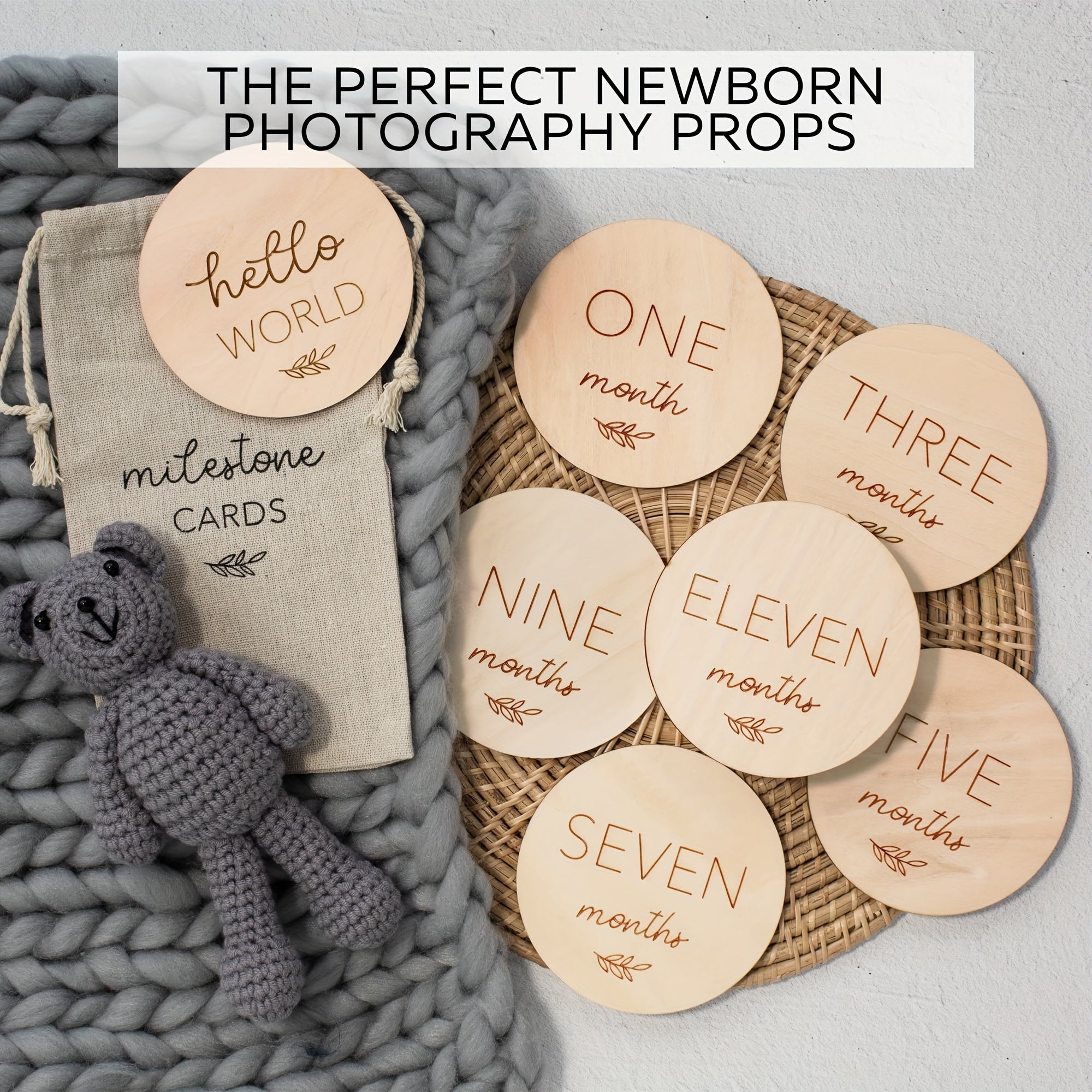 Baby Milestone Cards Set 7-Piece Reversible Wooden Photo Props for First Year