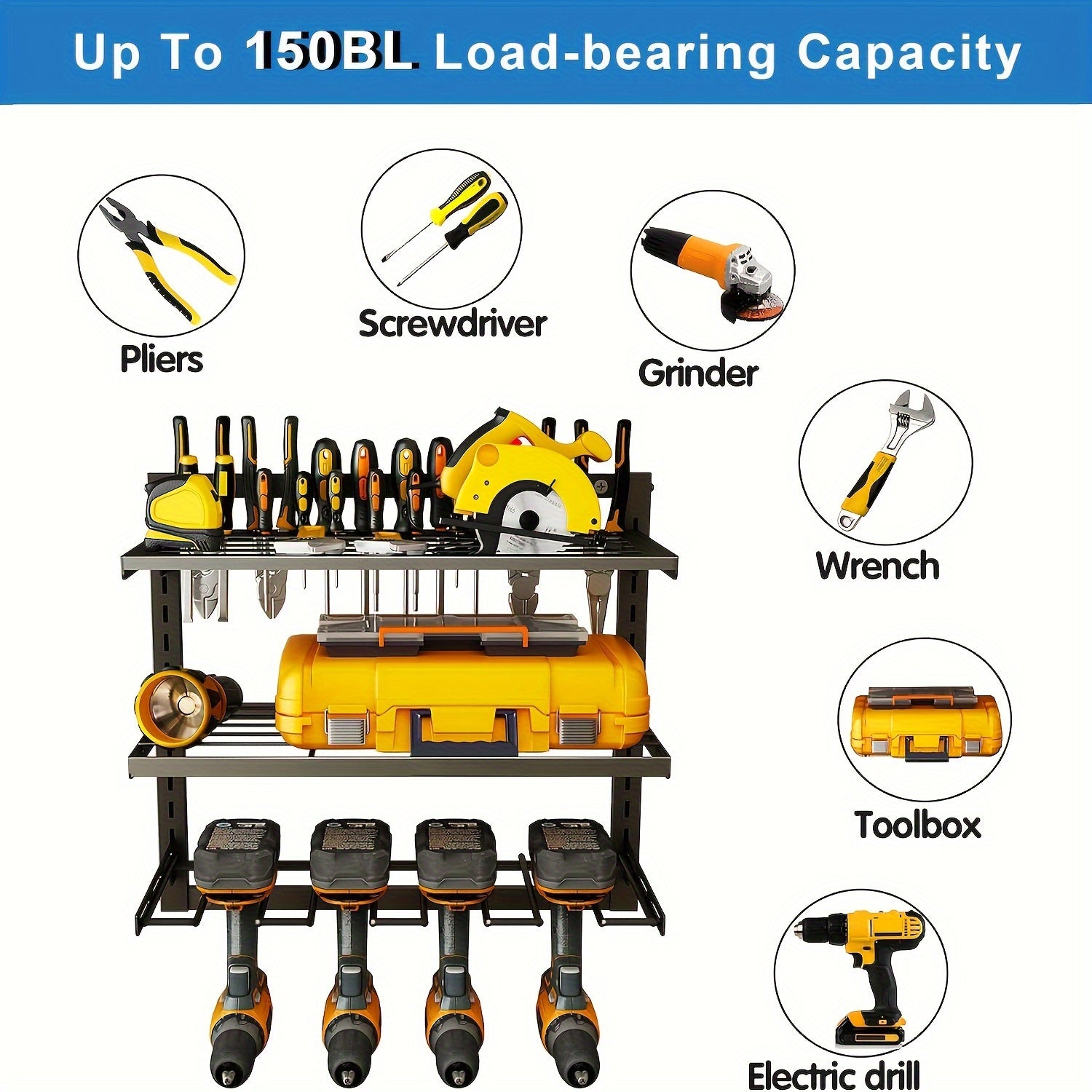 Power Tool Organizer Wall Mount with 3 Layers for Drill Storage Garage Metal Black