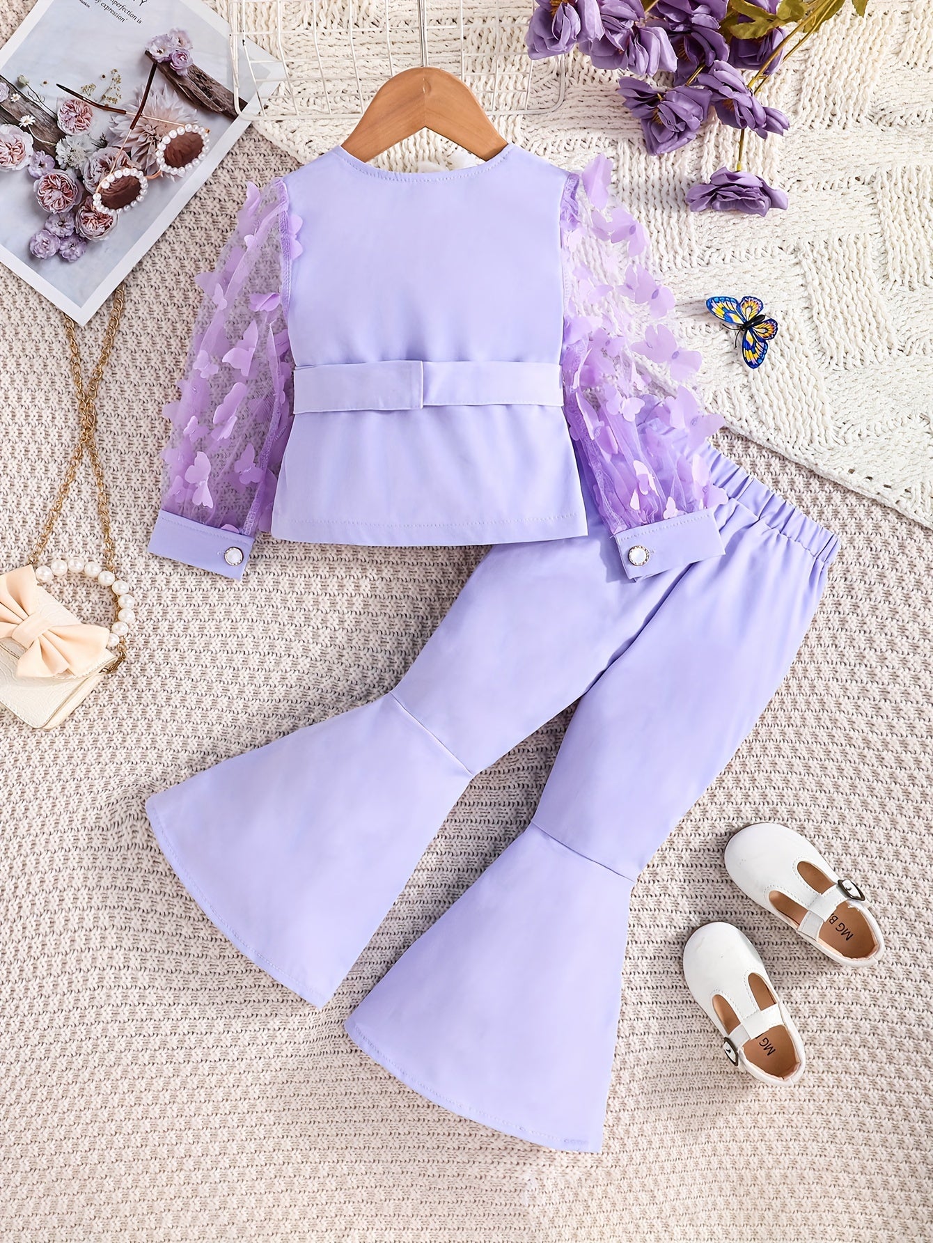 Girls' 2-Piece Casual Outfit Butterfly Sleeve Blouse and Long Pants Polyester Fall Winter