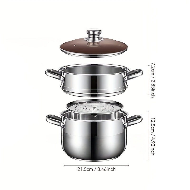 Stainless Steel Steamer Pot with Lid 1 Piece Semi-Sand Bright Finish Induction Gas Compatible
