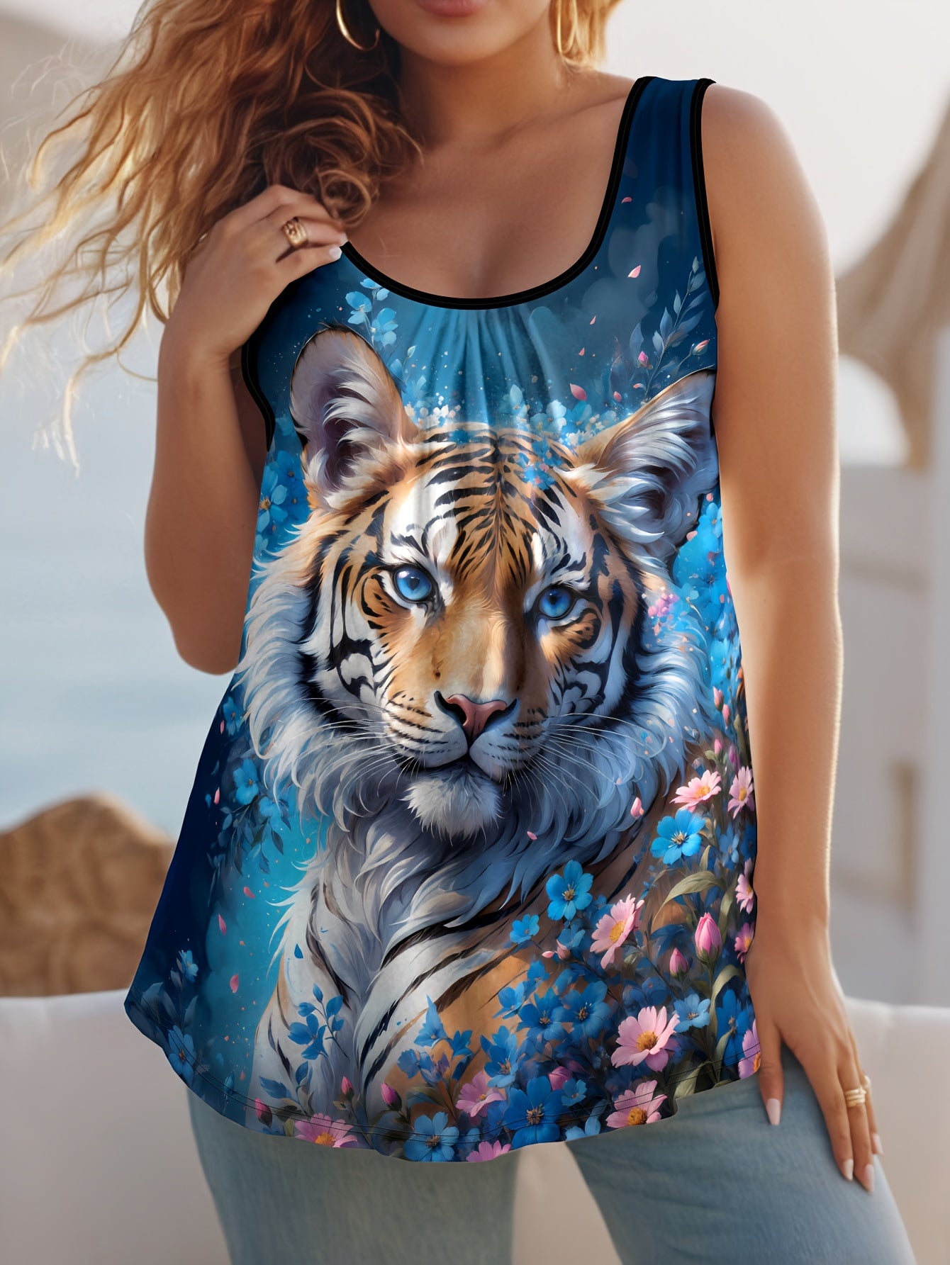 Women's Plus Size Tiger Print Tank Top Sleeveless Summer Casual Crew Neck