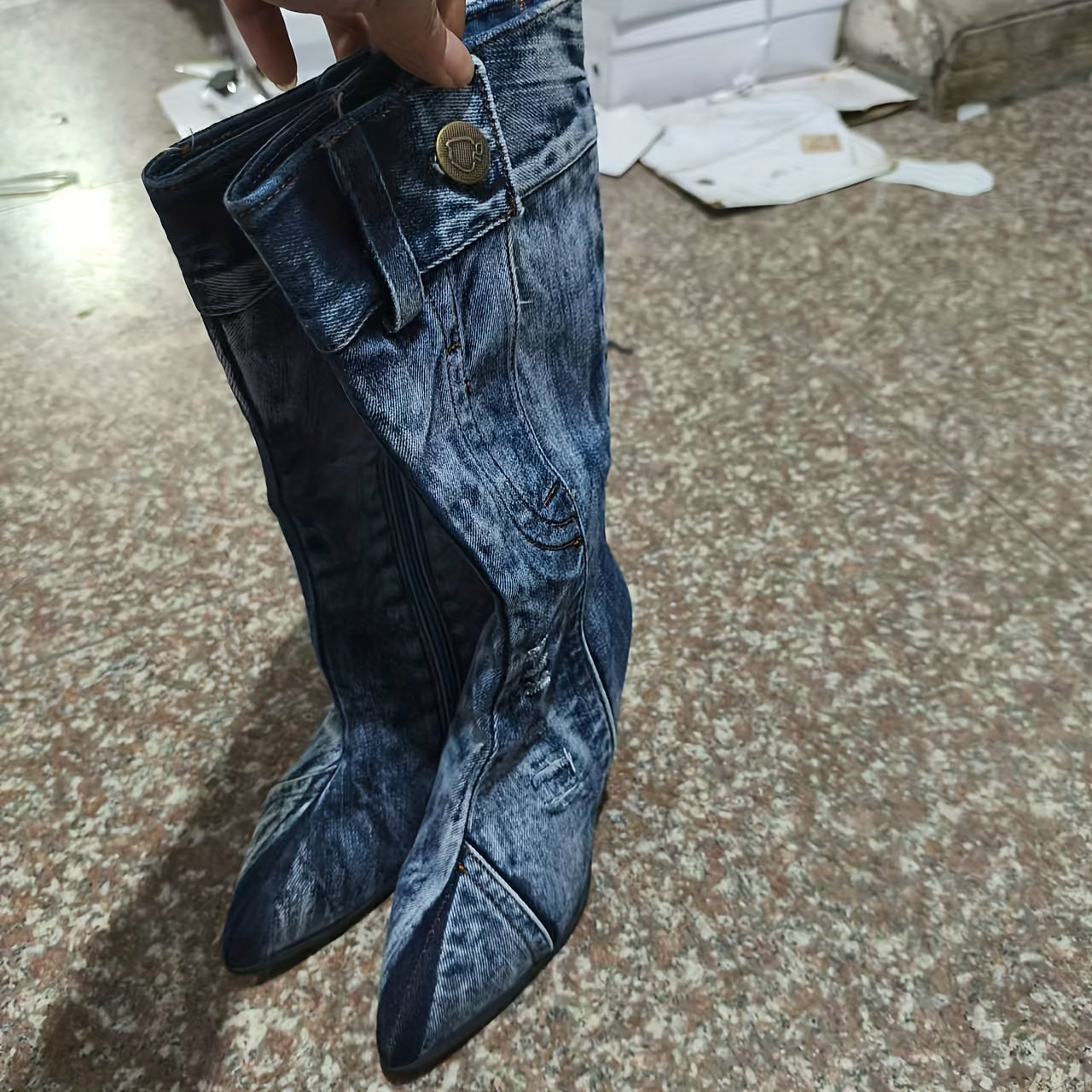 Women's Microfiber Side Zipper Boots Mid Heel Denim Spring Autumn