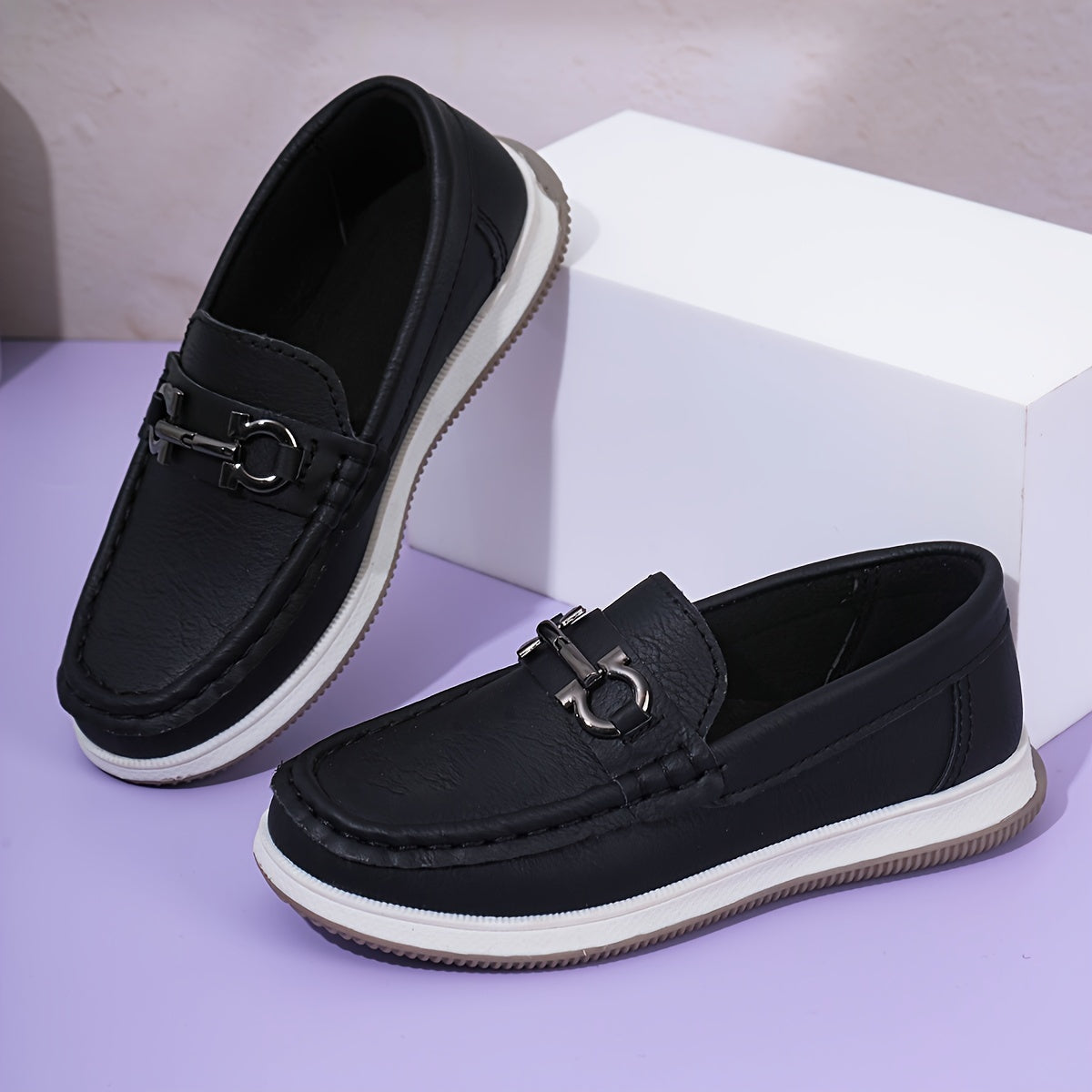 Boys Girls Toddler Solid Color Low Top PU Leather Slip On Round Toe Loafers