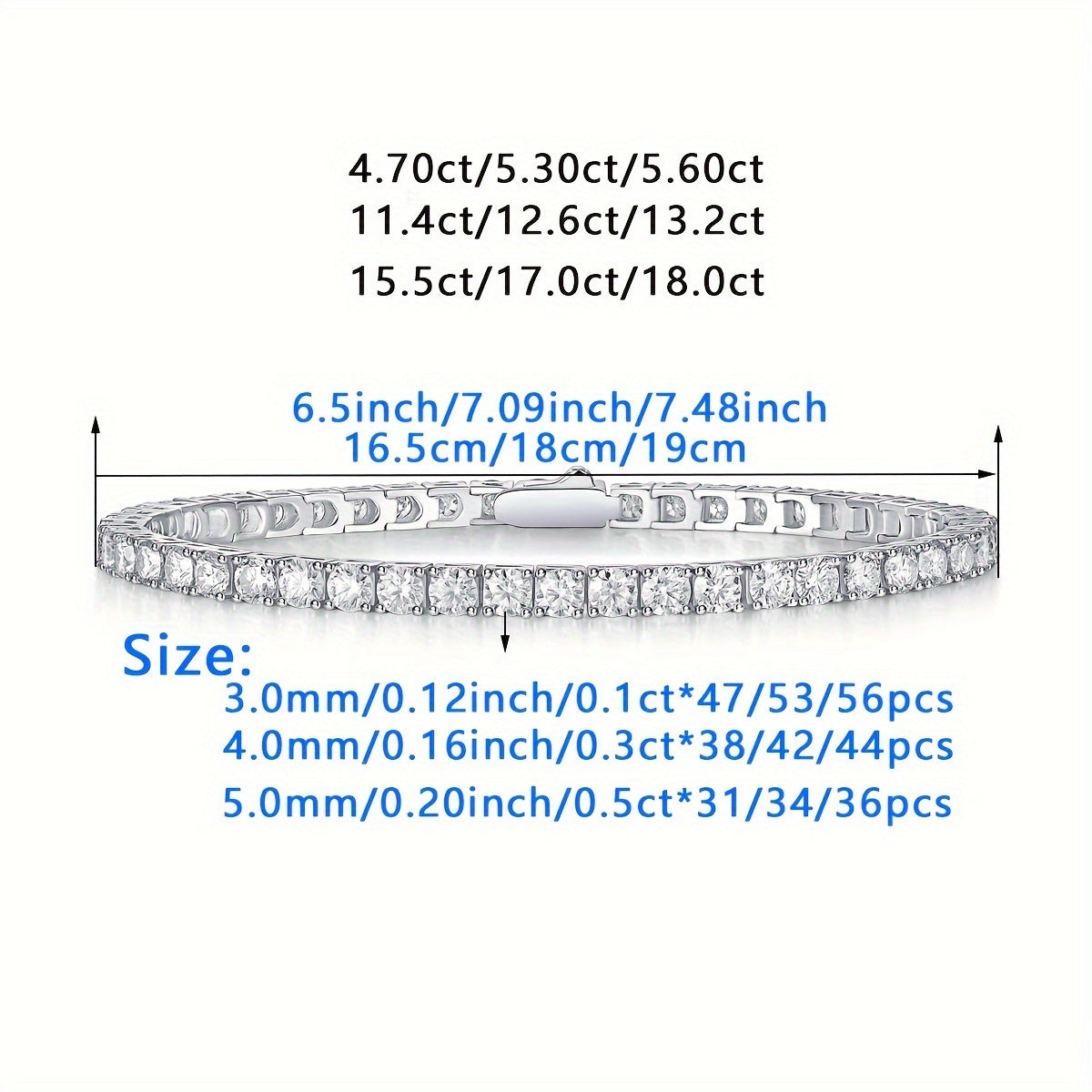 Zarif Moissanite Bilaguzuk, 4.7ct-17ct tosh bilan S925 Kumush Ramkada, To'ylar, Nikohlar, Yubileylarga va Sovg'alarga Ideal | 18K platina qoplamasi va haqiqiylik sertifikati bilan birga keladi