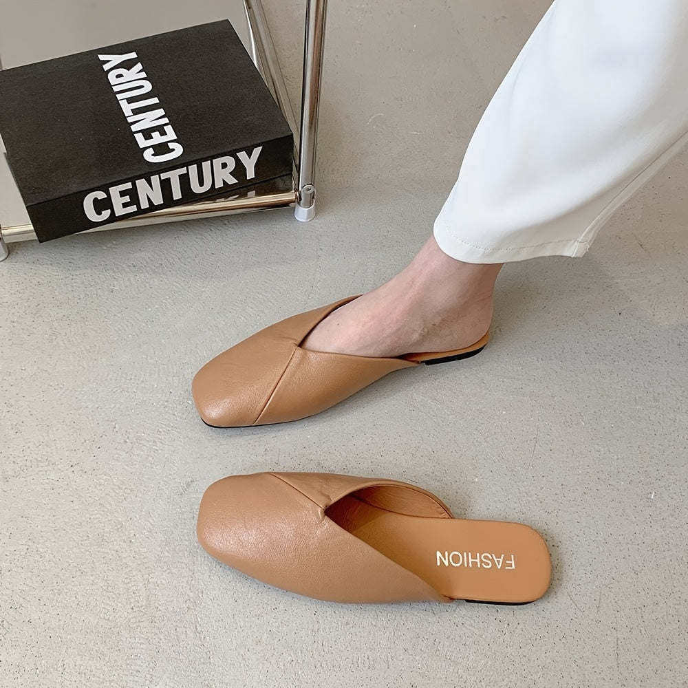 Women's Solid Color Mules, Square-Toe Flat Shoes for Outdoor and Beach