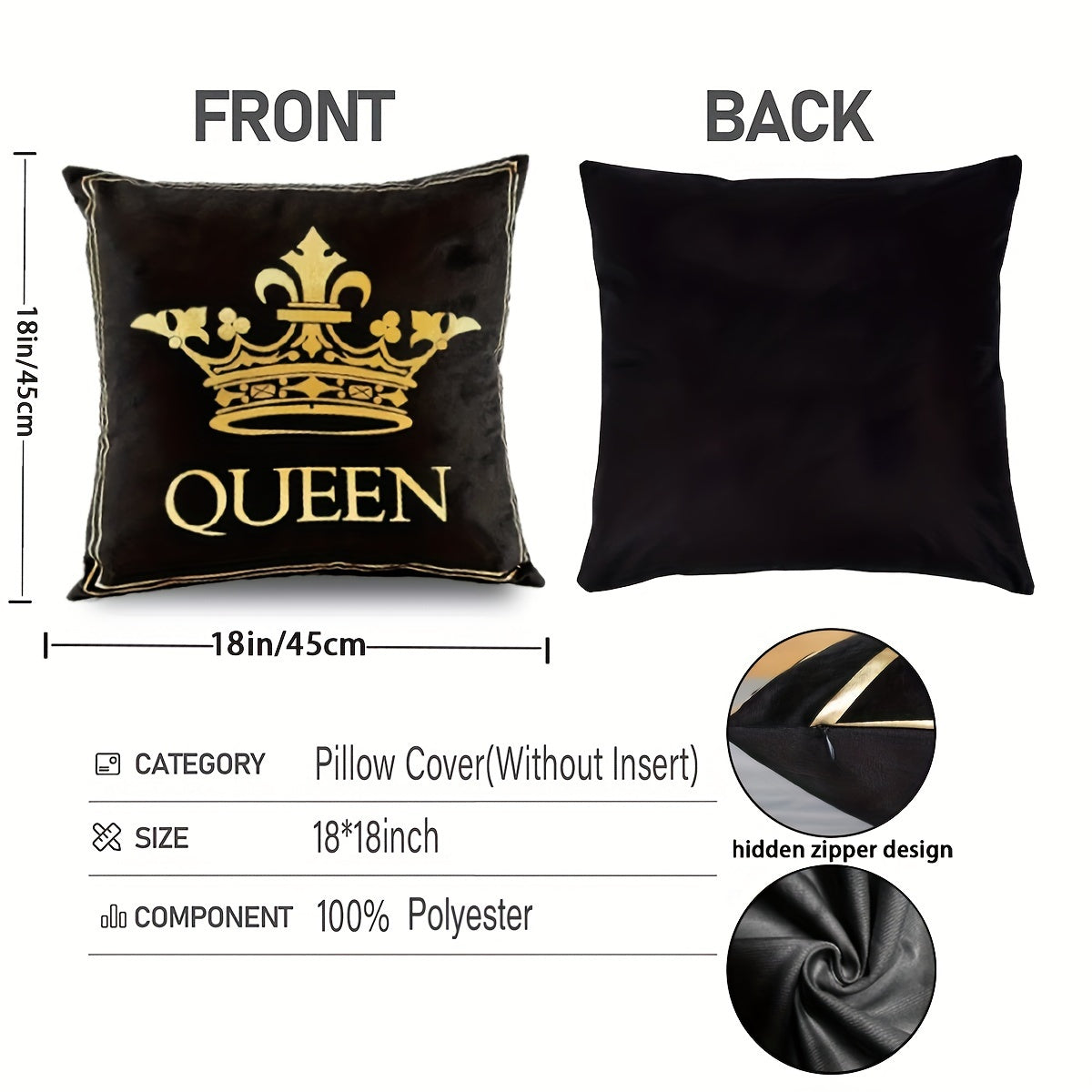 Black Throw Pillow Cover with Gold Crown Design 45.72cm Farmhouse Style