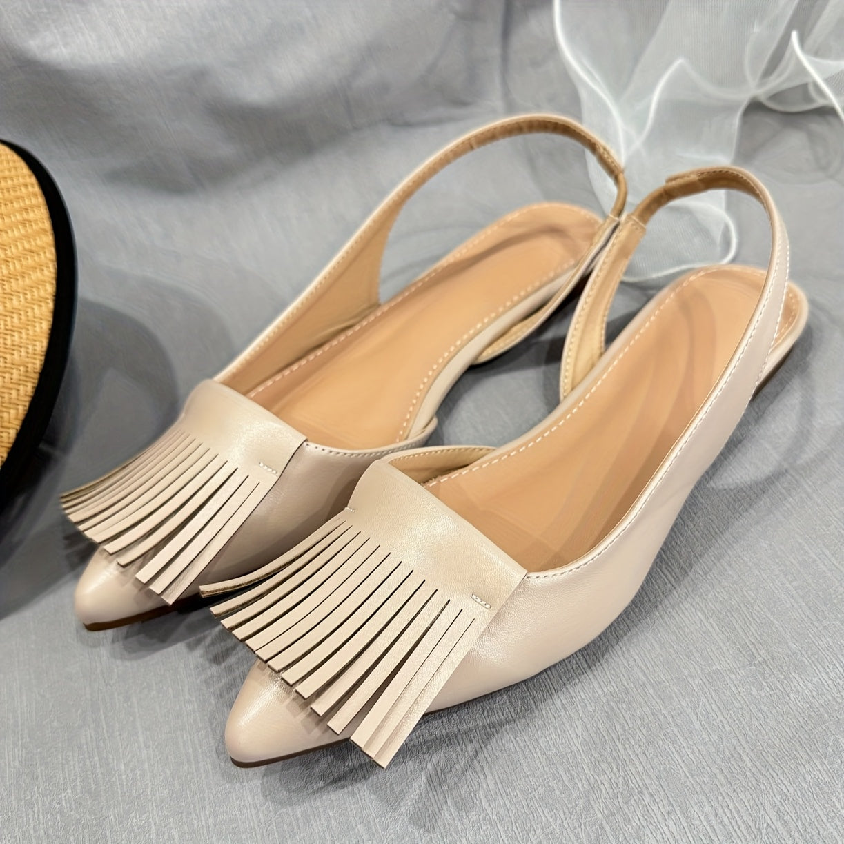 Women's Apricot Wide Fit Flat Sandals with Tassels, Comfortable Casual Shoes
