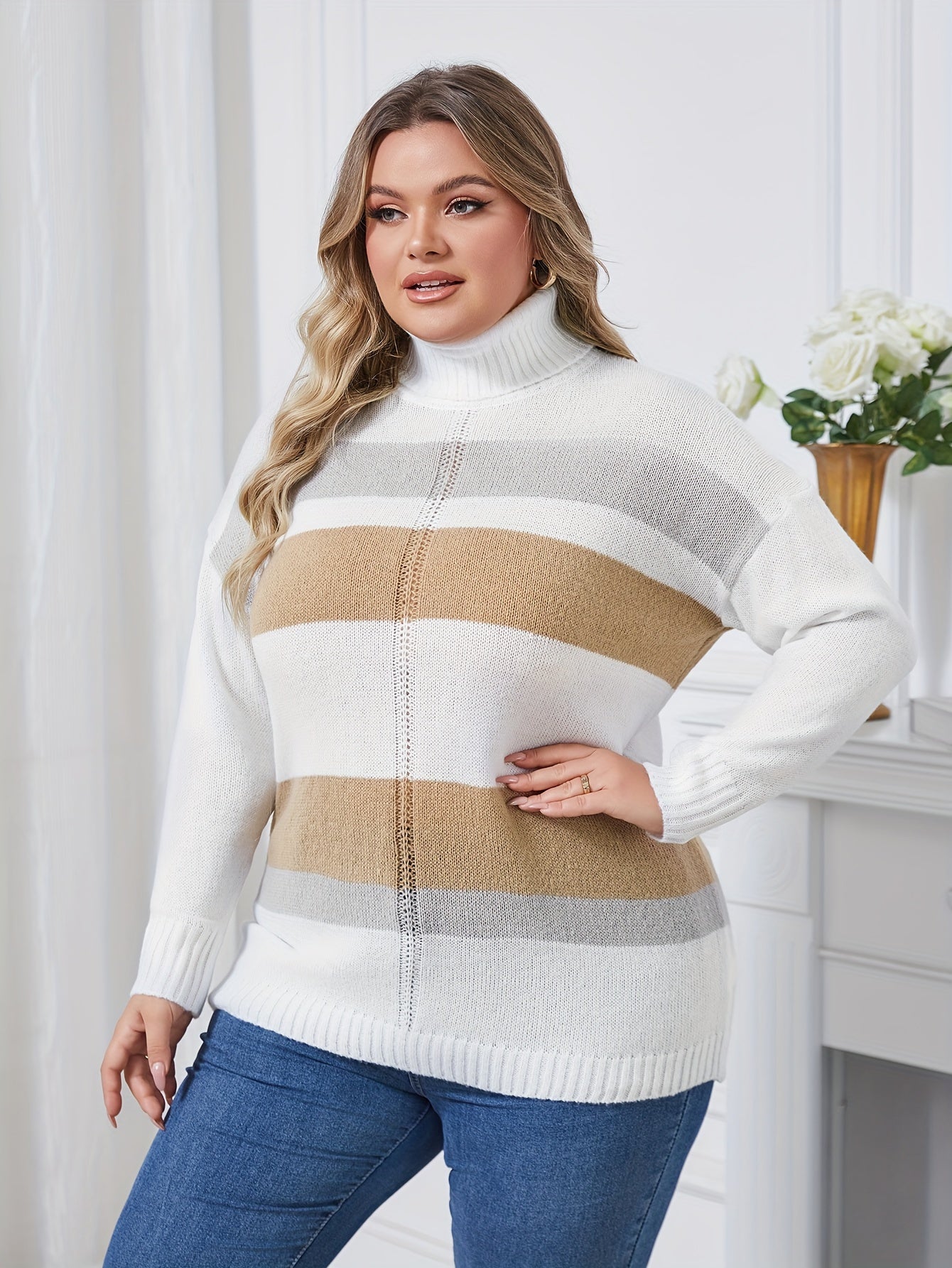 Women's Turtleneck Sweater Long Sleeve Loose Fit Striped Pullover Beige Black Fall Winter