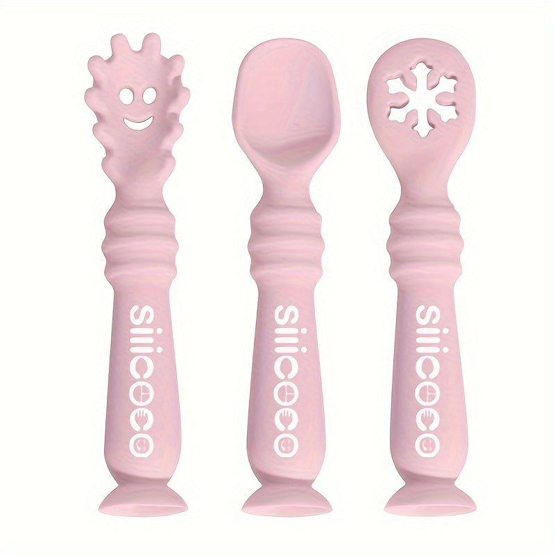 Juego de utensilios de silicona para niños de 3 piezas con diseño de cara feliz, no tóxico, seguro para microondas y lavavajillas