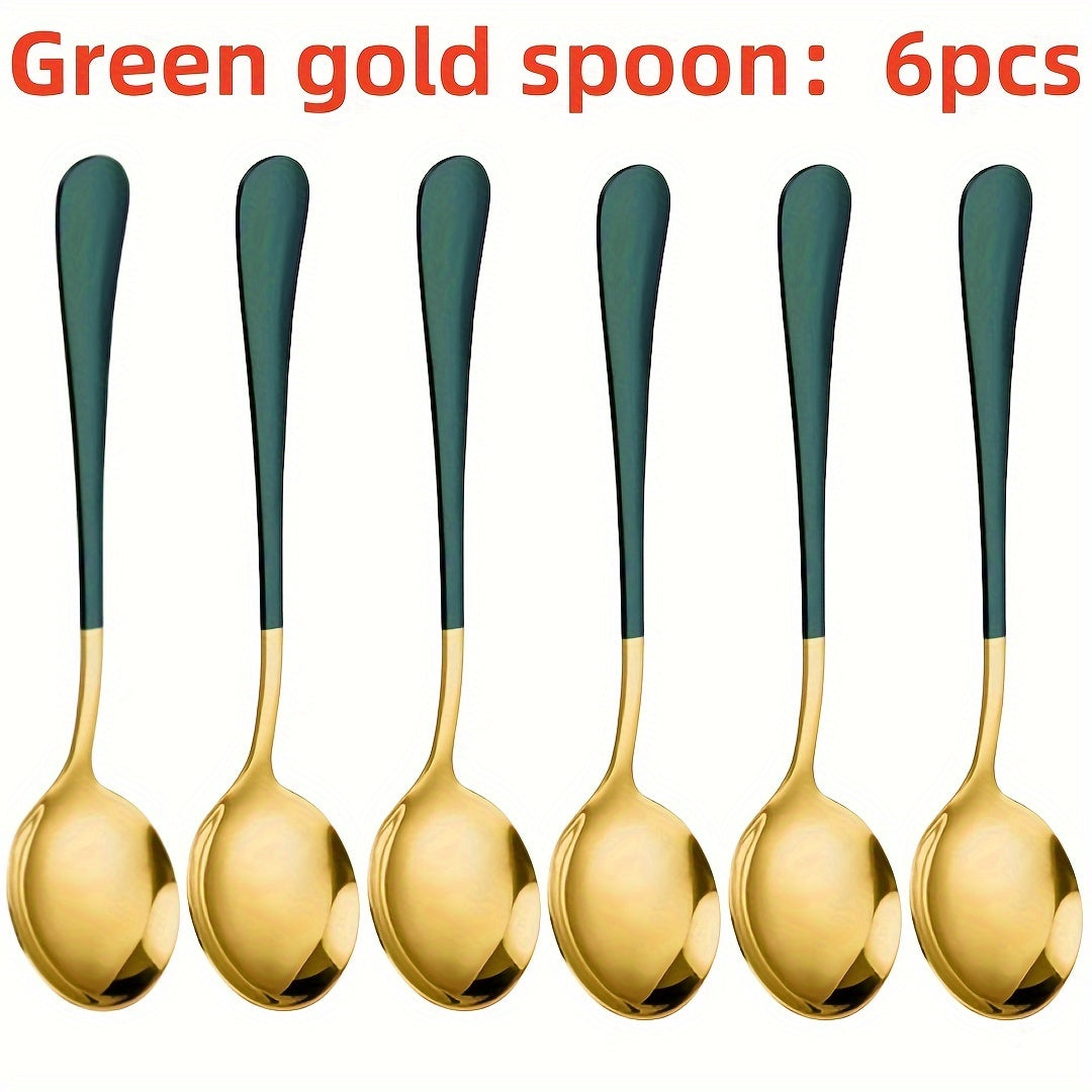 Set of 6 Long-Handled Stainless Steel Spoons for Coffee and Desserts in Multiple Colors